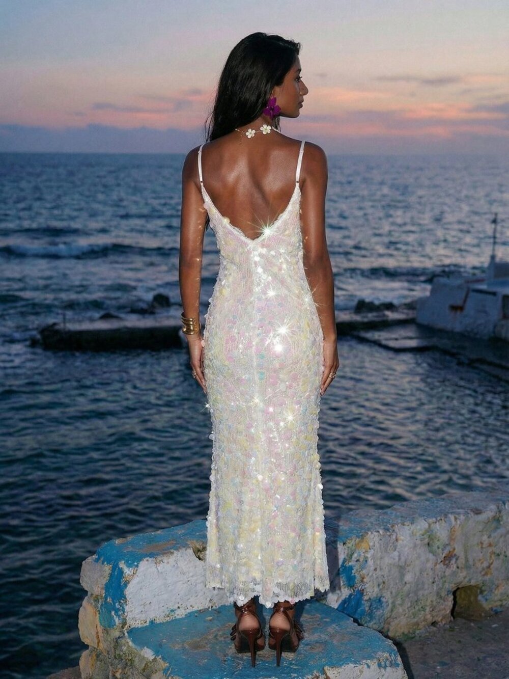 Multicolor Iridescent  Party Sequin Lace V-Neck Backless Women's Maxi Dress - Picture 2 of 5